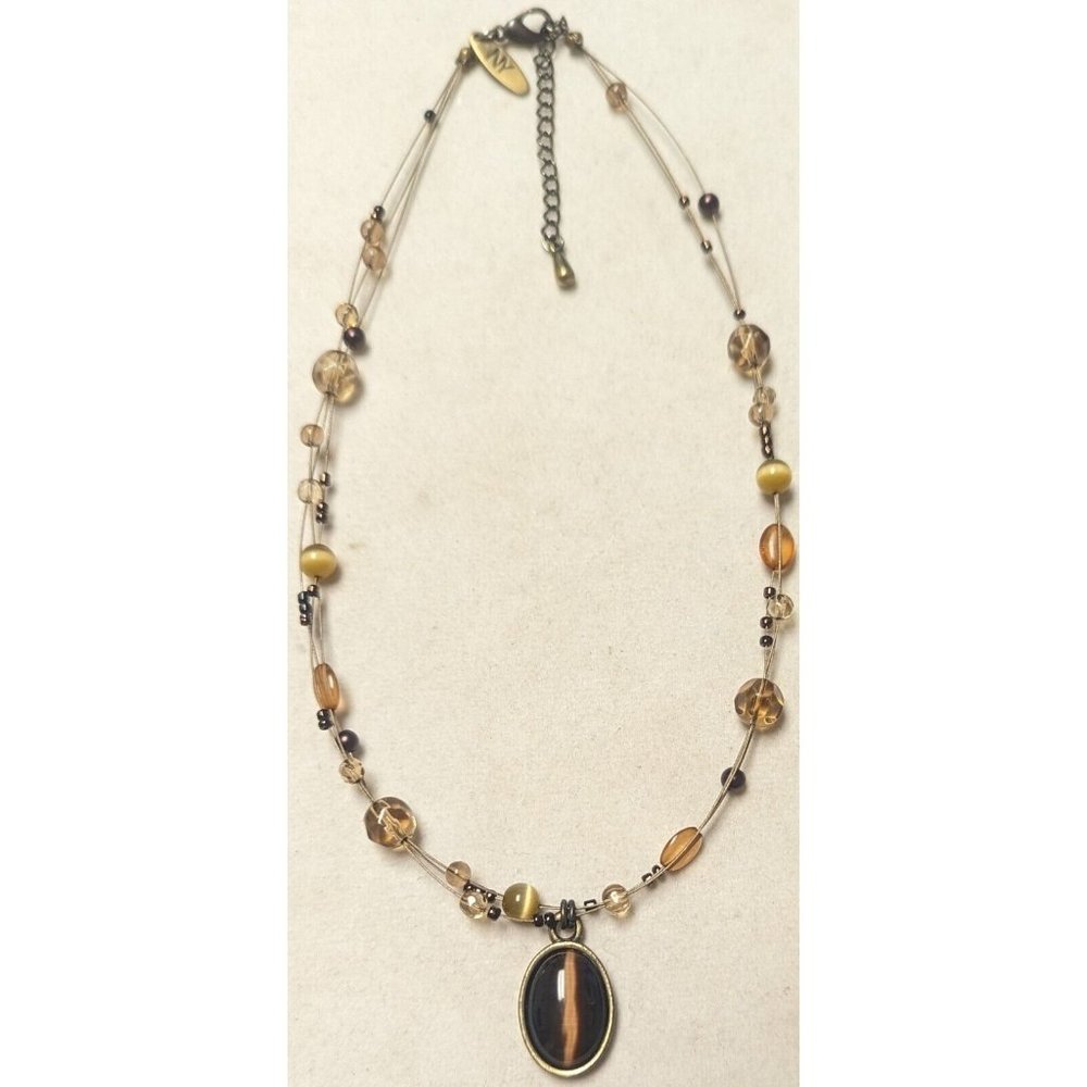 Lovely NY Tigers Eye Pendant Beaded Necklace Brown Tones Fall 18"